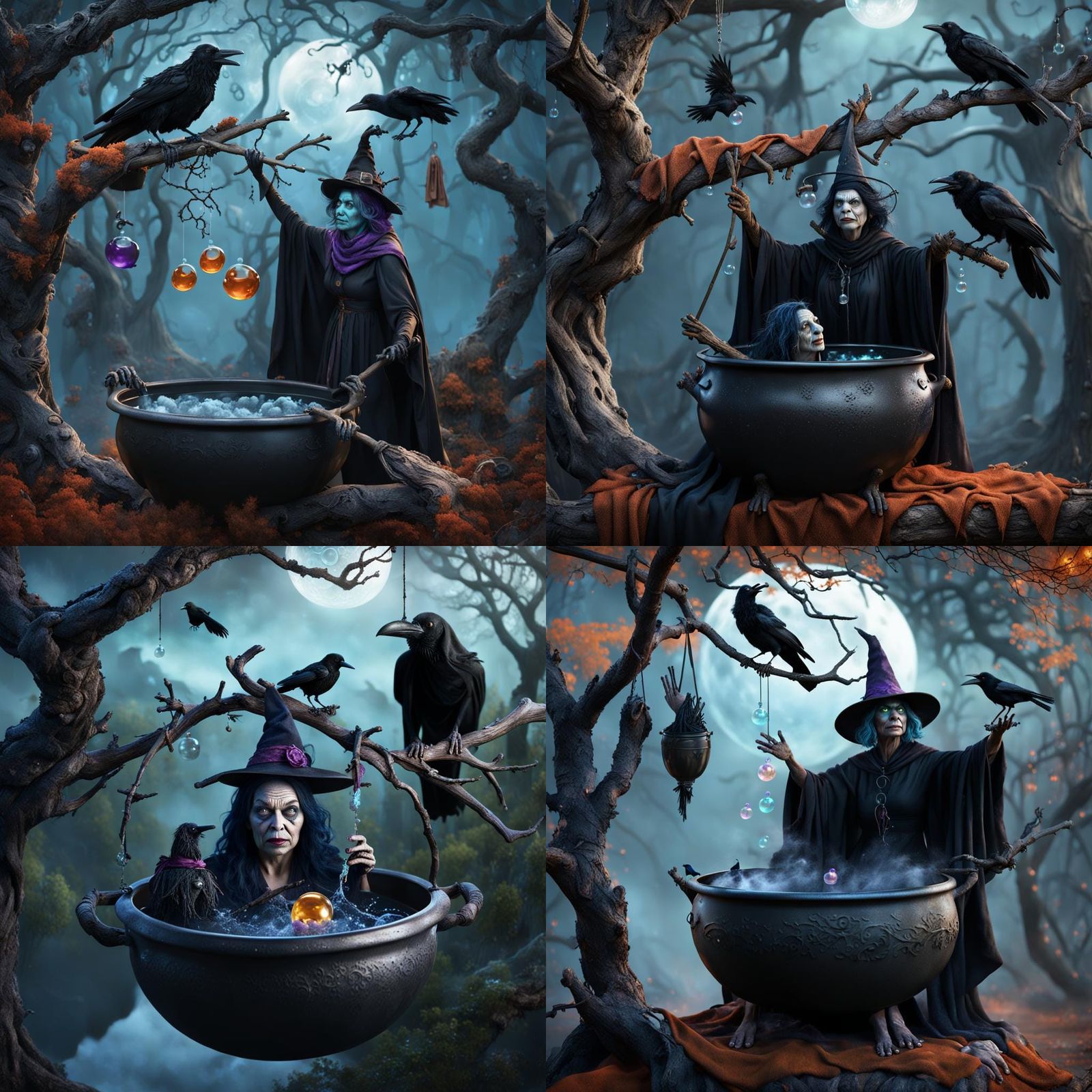 Woman in Witch Cauldron Bubble Bath, Fantasy Art