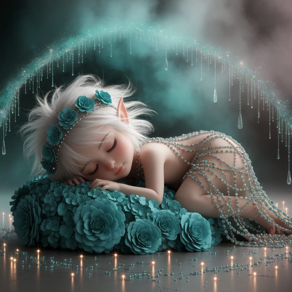 Adorable Pixie Sleeps on Teal Flowers in Ethereal Glow