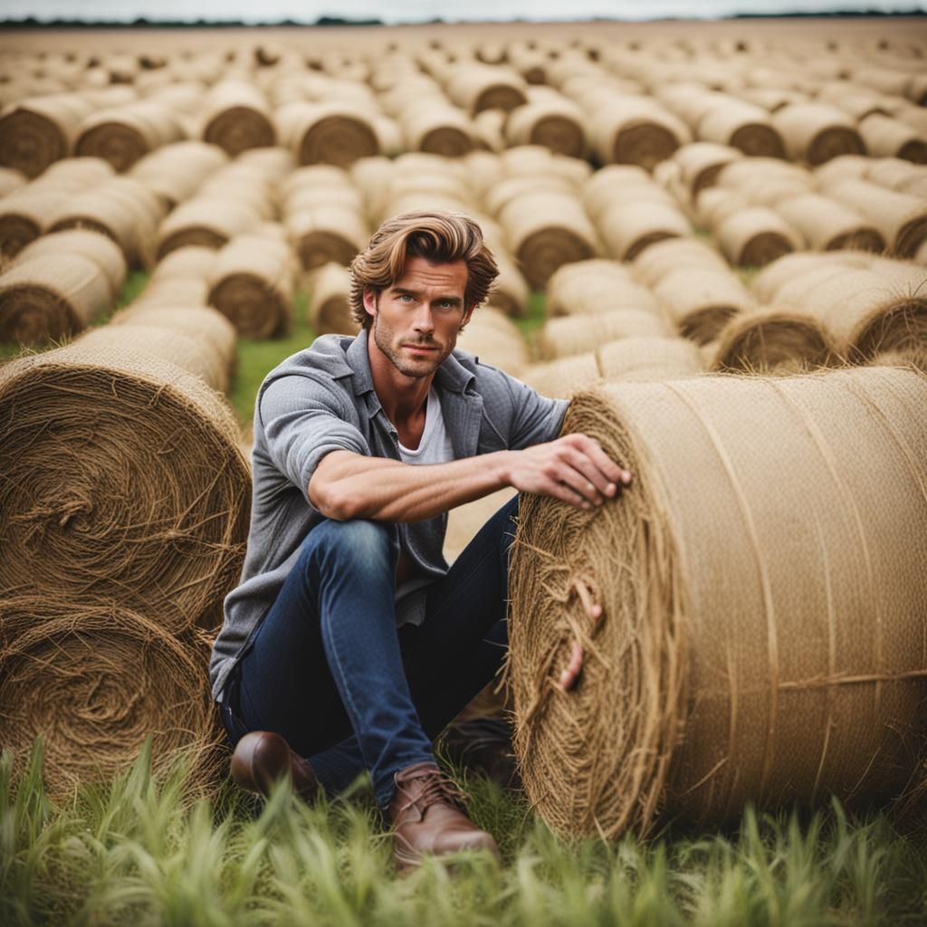 Hyperrealistic Man with Hyacinth Flowers in Harvest