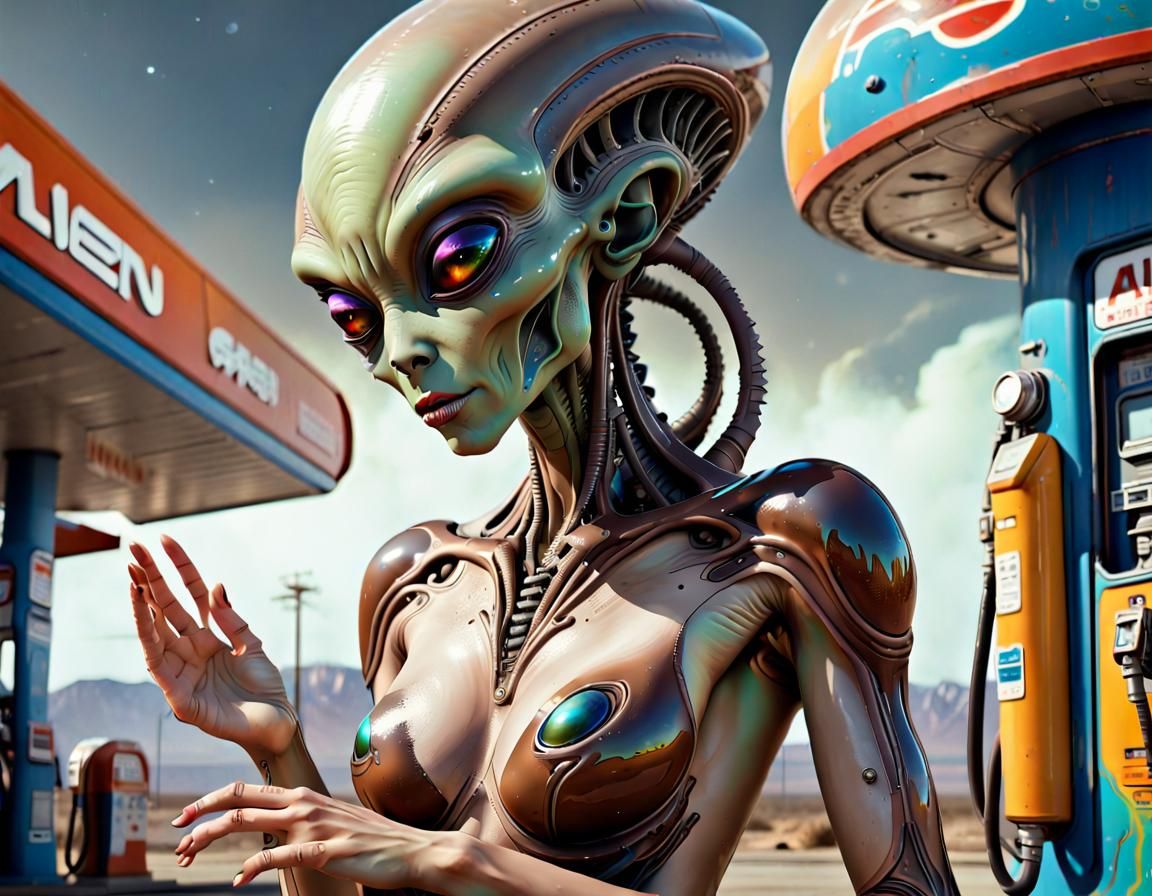 Biochemical Alien Female at Gas Station: Digital Art