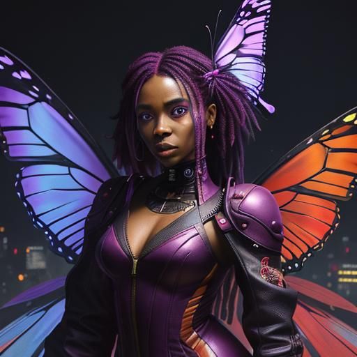 Girl in Butterfly Dress, Cyberpunk Neon Portrait