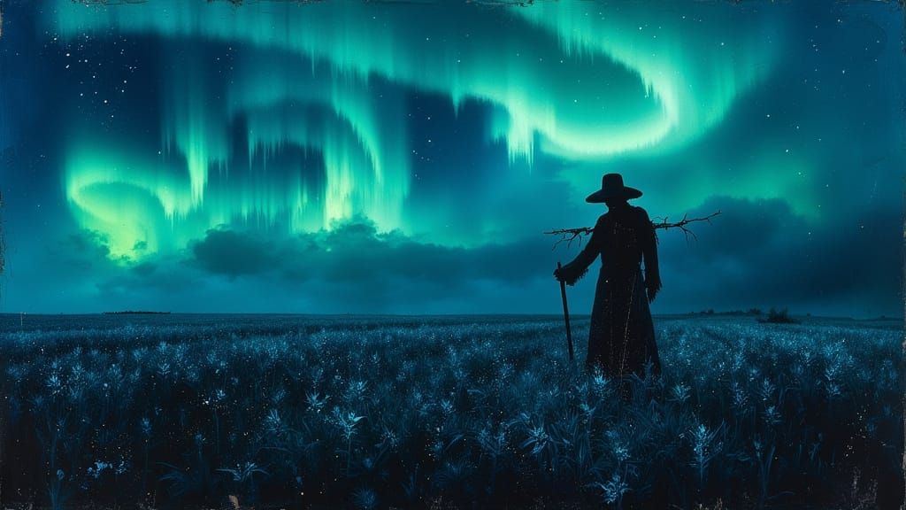 Neon Scarecrow Tends Bioluminescent Wheat Under Twin Auroras