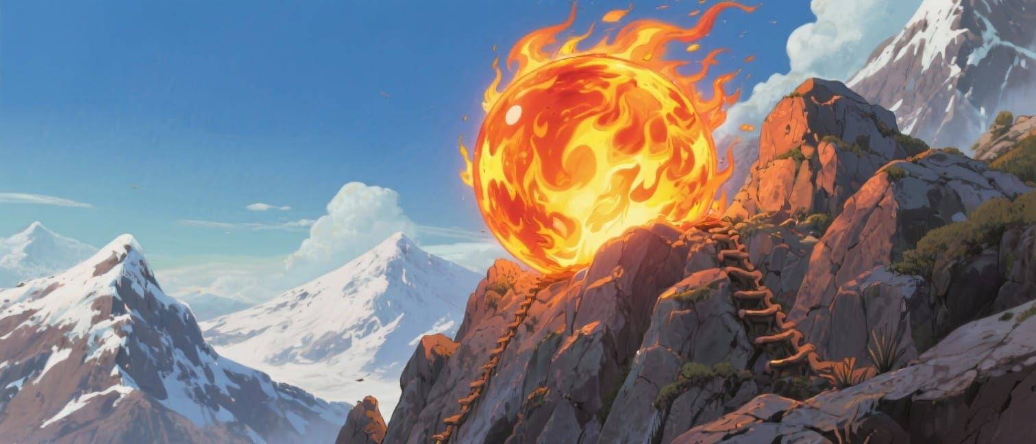 Fiery Sphere Climbs Snowy Mountain in Whimsical Style