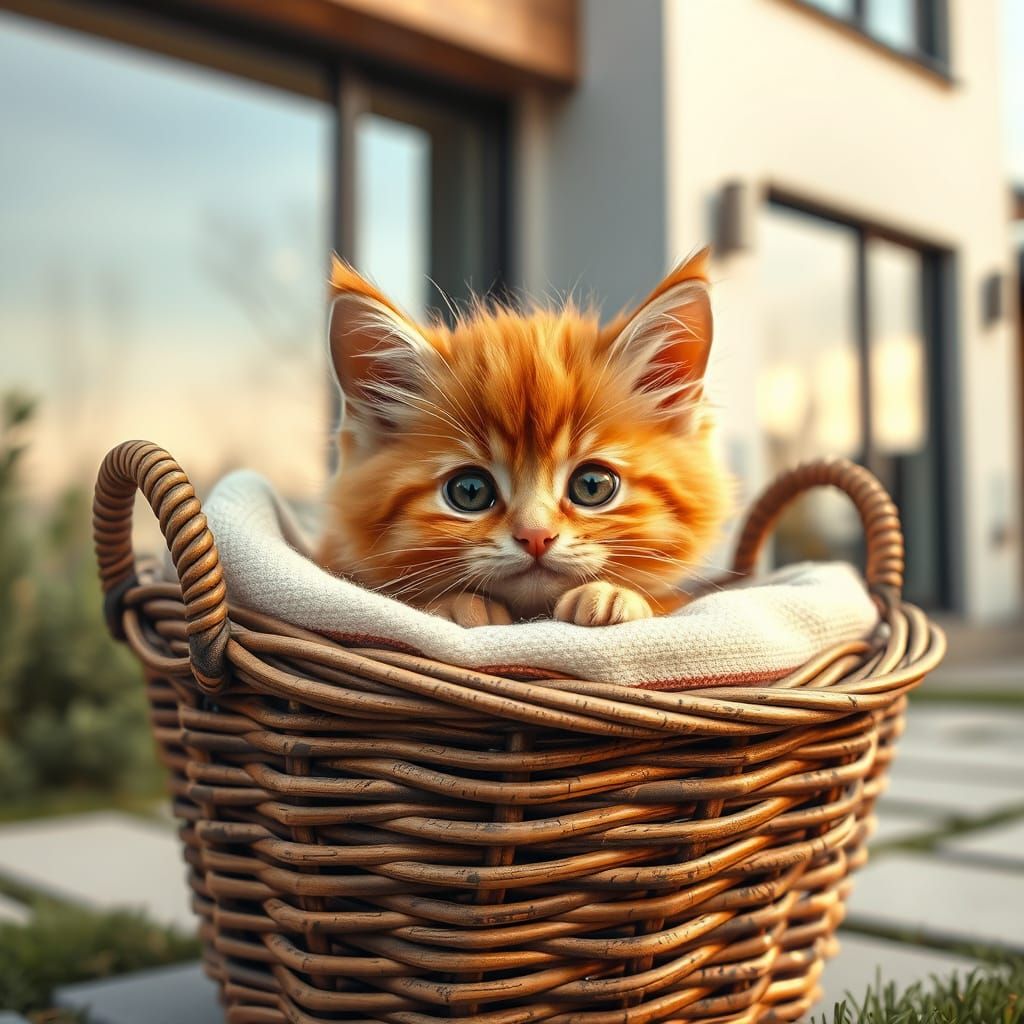 Fluffy Kitten in Basket in Potter Style