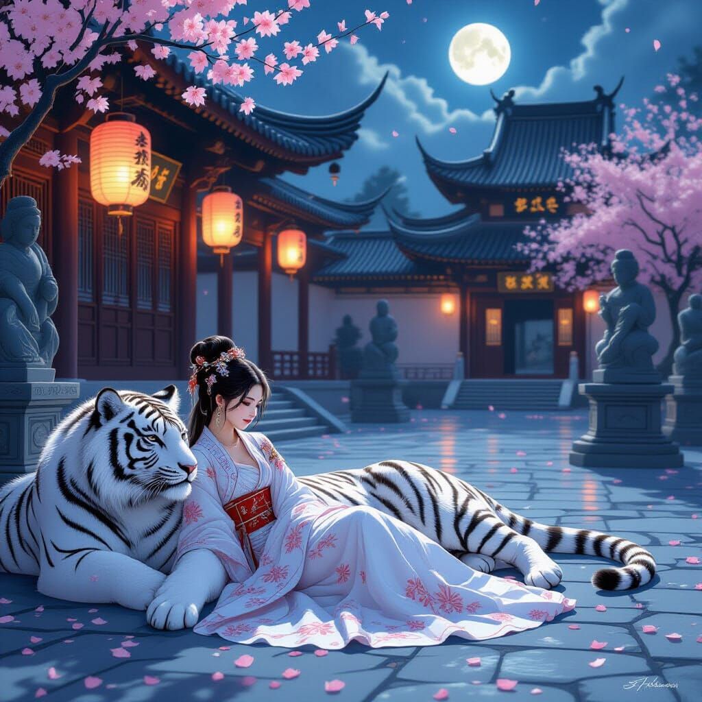 Moonlit Princess and Tiger in Ancient Temple