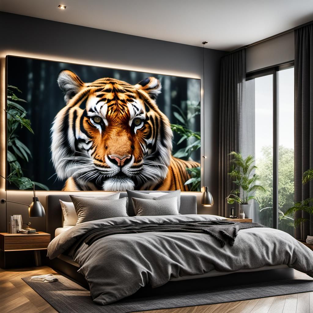 Modern Bedroom with Tiger Print Duvet in HDR