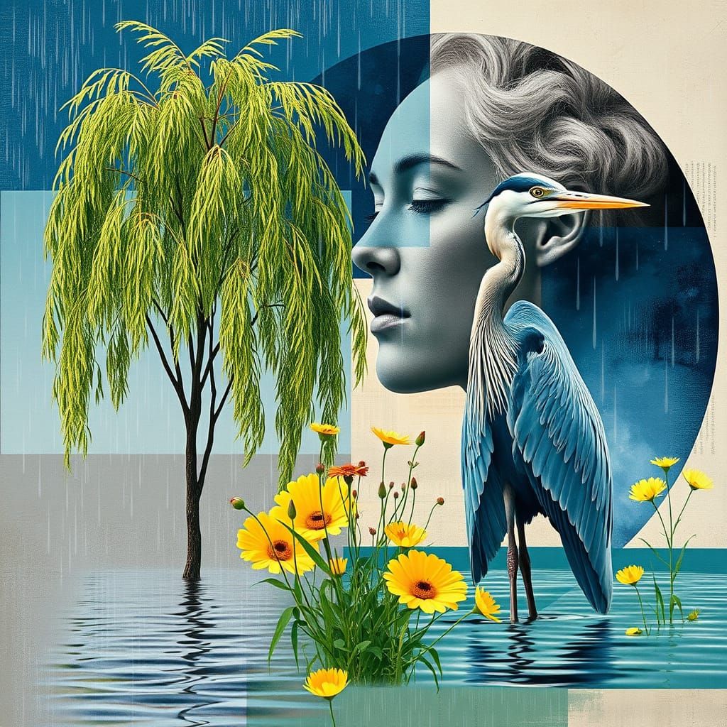 Ethereal Blue Heron Goddess Amongst Wildflowers and Rain
