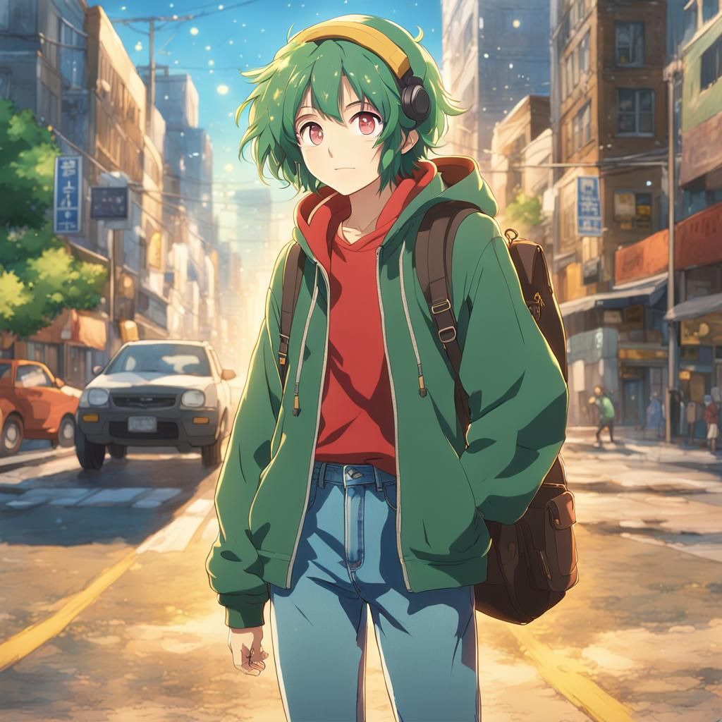 Anime Hero with Green Hair and Wings in Ghibli Style