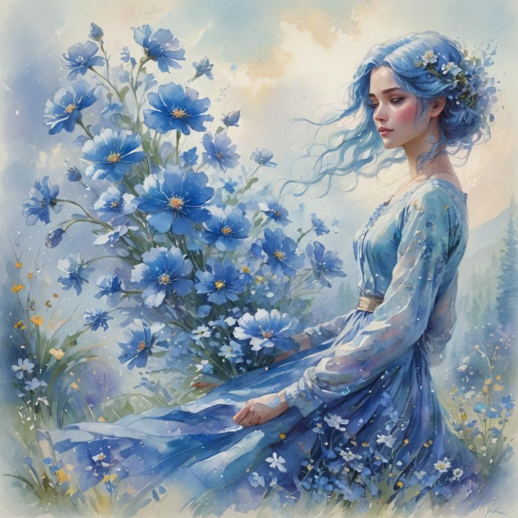 Impressionist Woman with Iridescent Hair in Dreamy Landscape