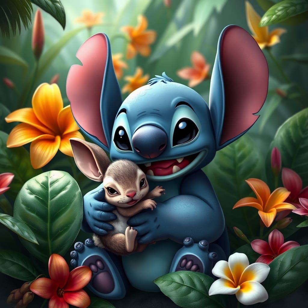 Stitch Cares for a Fuzzy Bunny Friend in a Tropical Oasis
