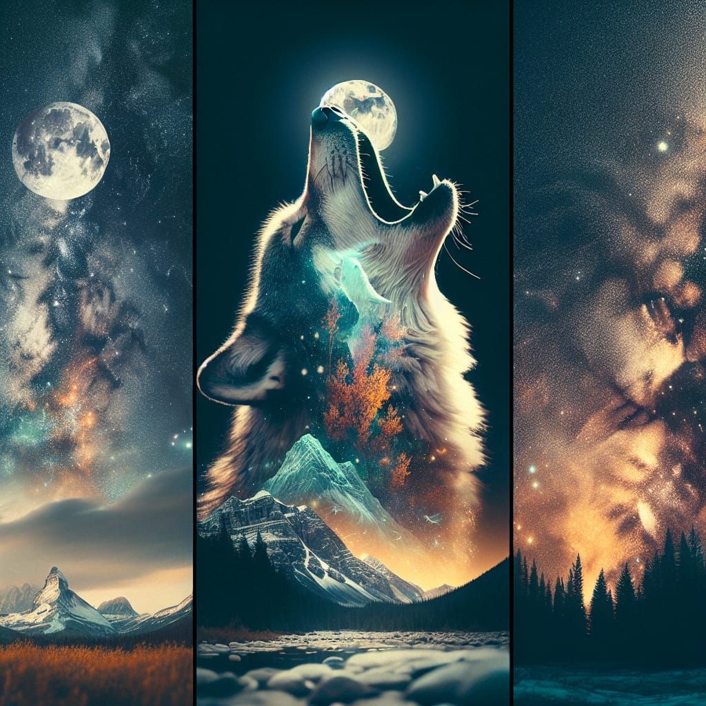 Surreal Wolf Howling at Moon and Stars