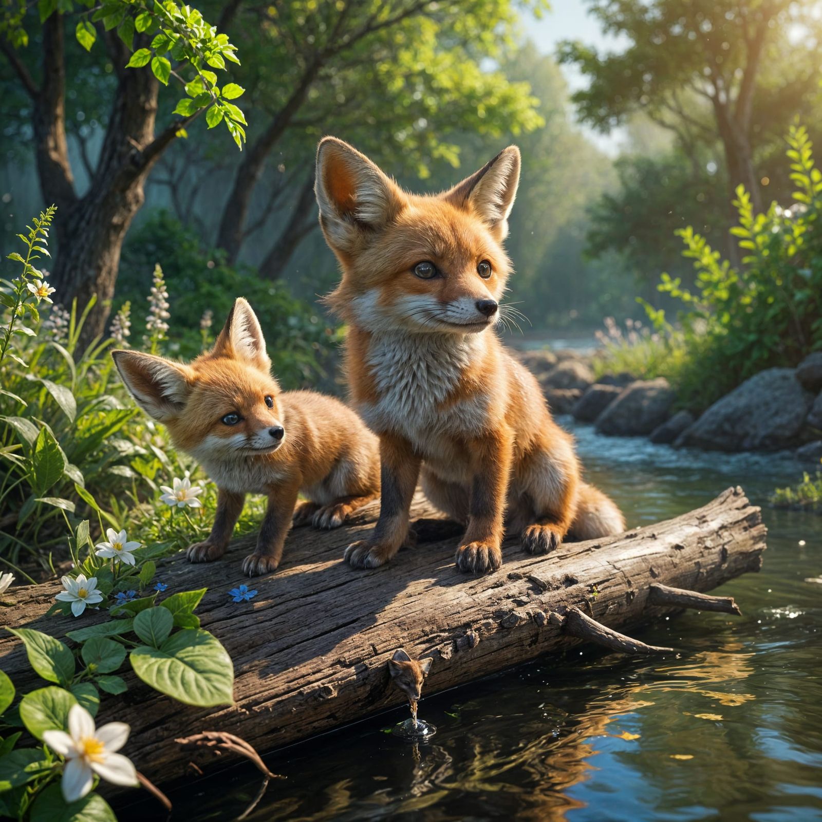 Adorable Baby Fox Balances on Log in Vibrant Oil Painting