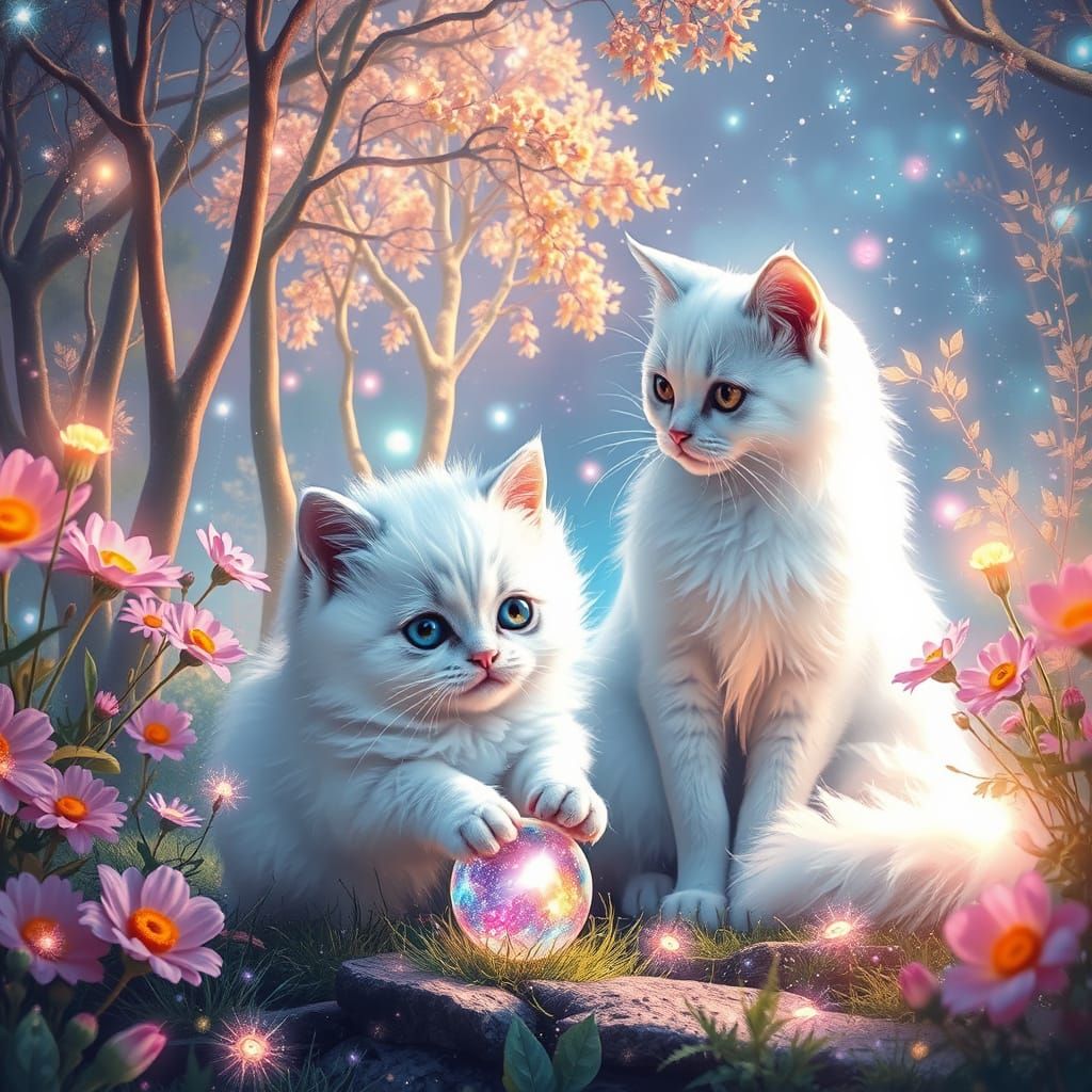 Whimsical Kitten Playtime in Celestial Garden