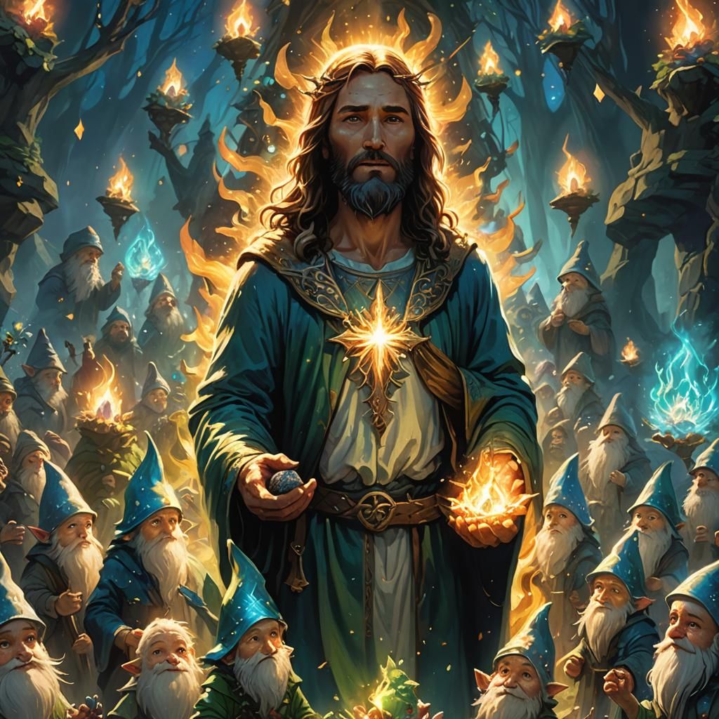 Ethereal Christ Radiating Light Among Glowing Gnomes