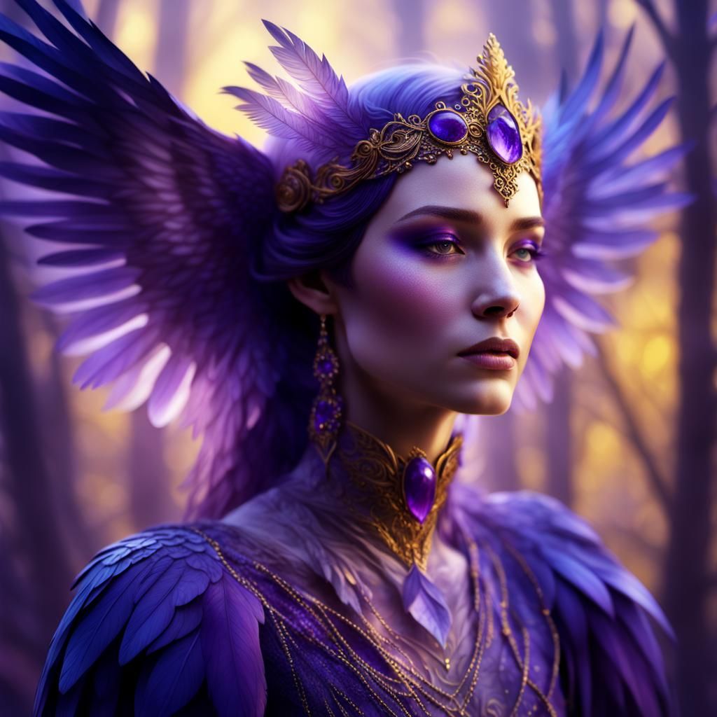 Woman and Amethyst Crows in Mystical Forest