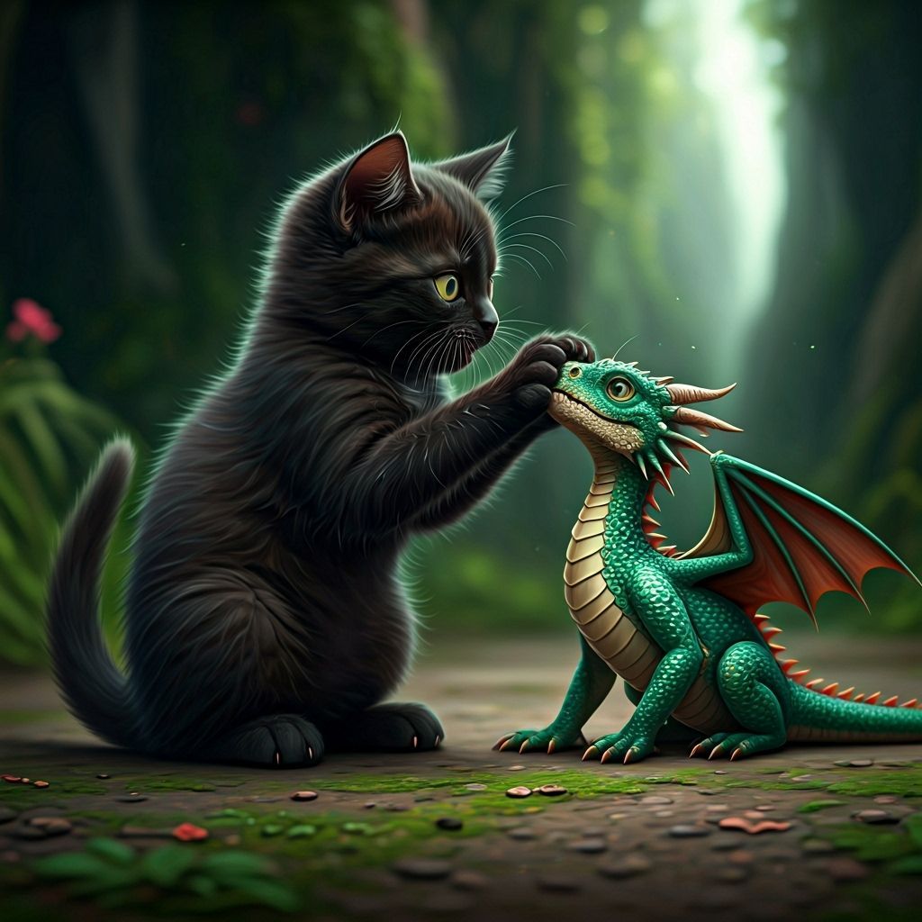 Kitten and Emerald Dragon in Whimsical Landscape