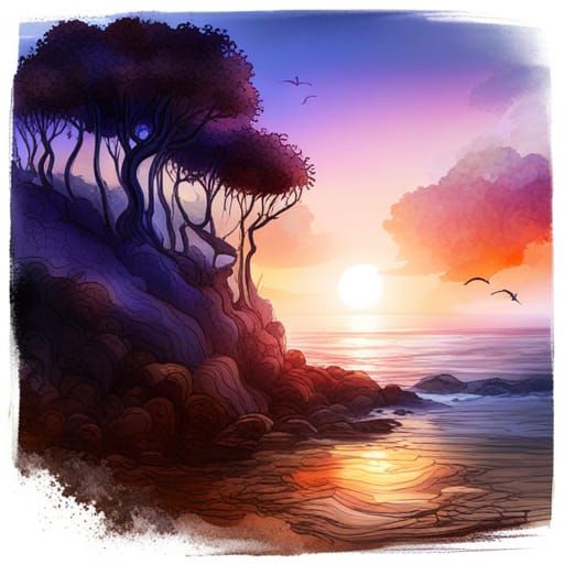 Phuket Beach Watercolor Silhouette in Double Exposure