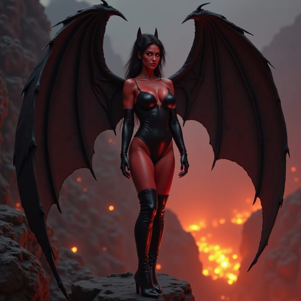 Demonic Red-Skinned Pin-Up Goddess Overlooking Lava