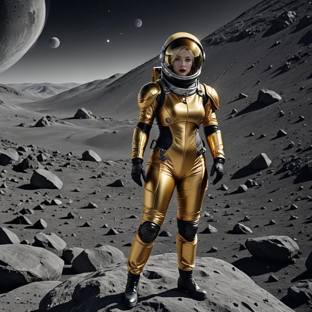 057 A beautiful female astronaut wearing a yellow/golden spa...