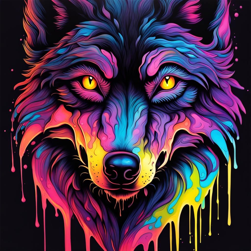 Mystical Black Light Wolf in Graffiti Art