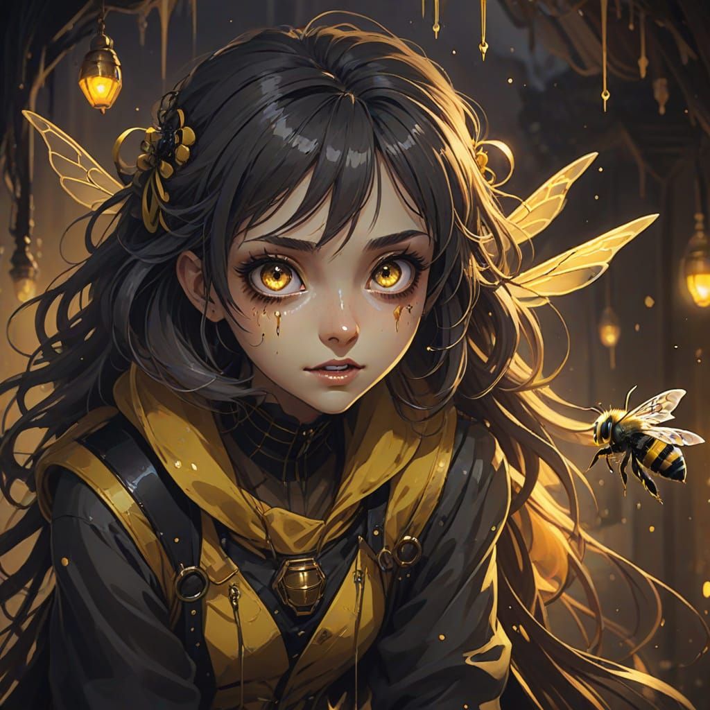 Enchanted Bee-Human Hybrid with Dripping Beehive, Anime Styl...