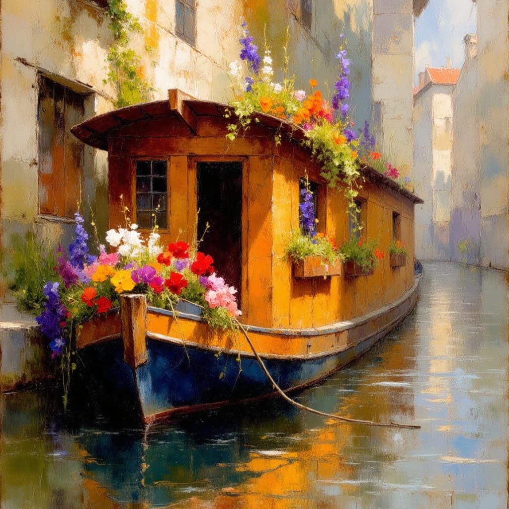 Vintage Houseboat on Copenhagen Canal in Impressionist Style