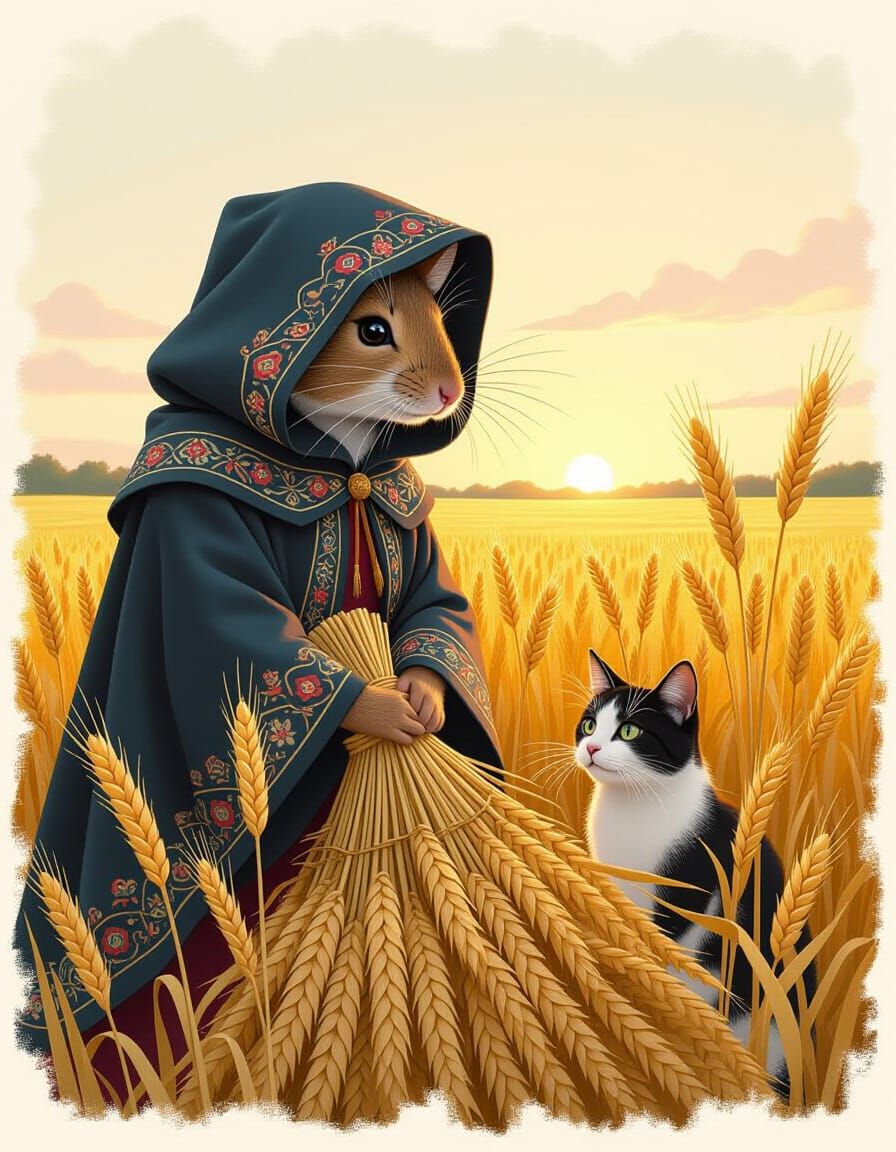 Mouse in Cloak with Cat in Field, Digital Art