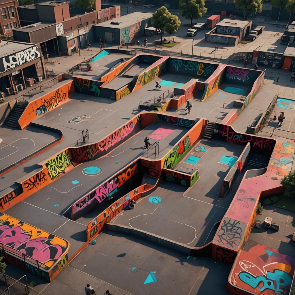 1980s Urban Skatepark Scene in Detailed Matte Painting