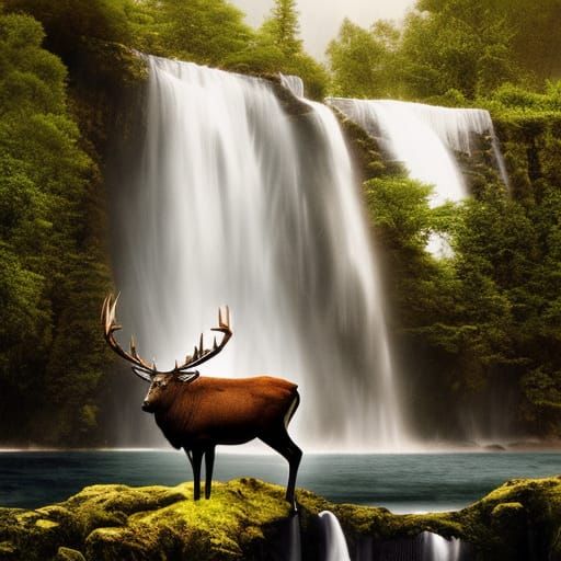 majestic stag in front of a waterfall
