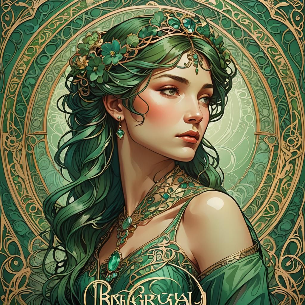 Ornate Art Nouveau Logo Portrait in Emerald, Sapphire and Go...