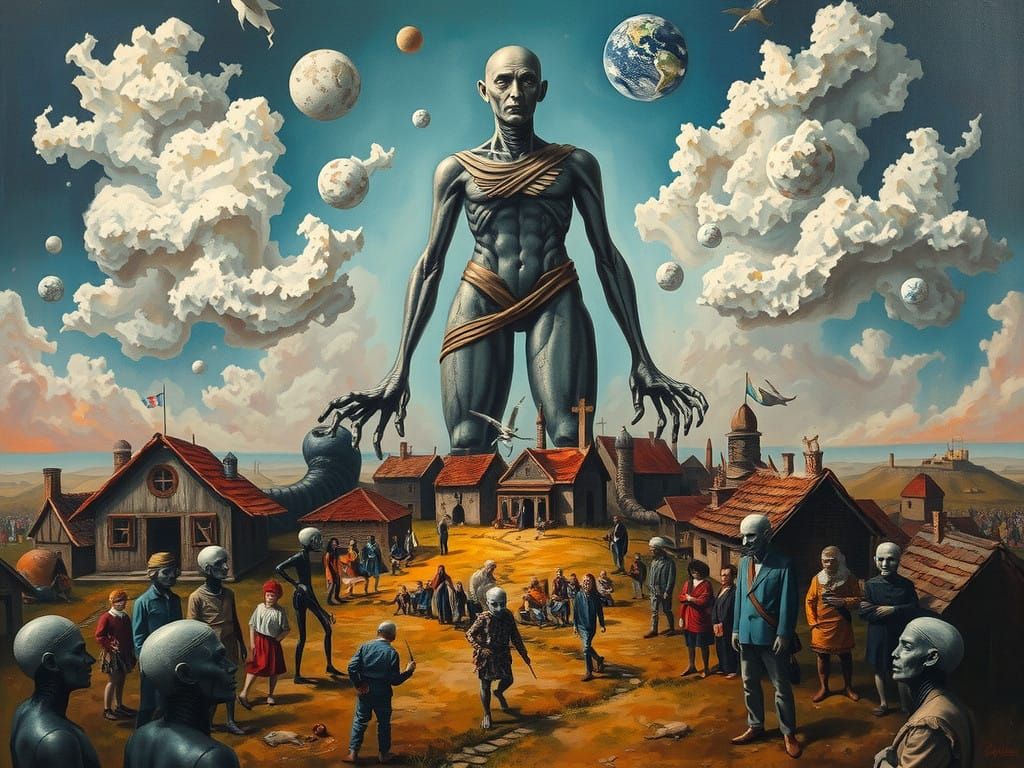 A Turbulent Village Scene in Surrealist Style