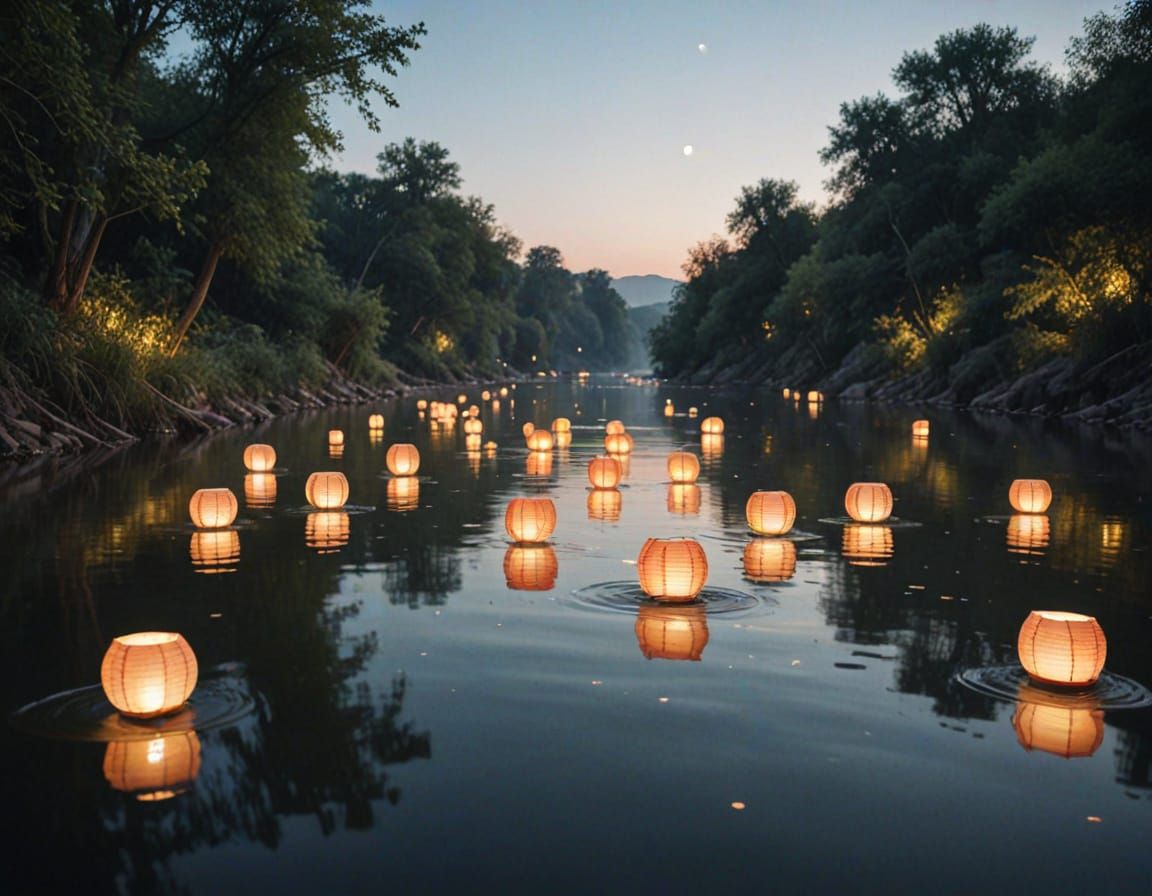 Lanterns Floating on River in Watercolor Style