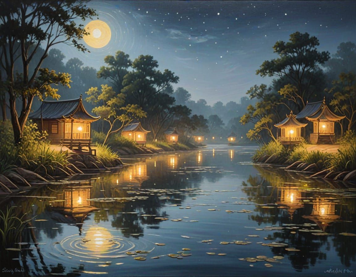 Lanterns Float on Moonlit River: Oil Painting