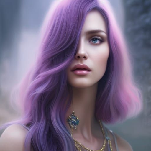 Purple-Themed Woman Portrait with Galaxy Eye, Detailed Digit...