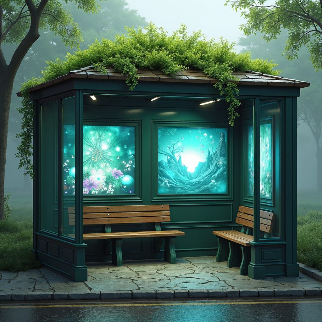Futuristic Bus Stop with Living Green Roof
