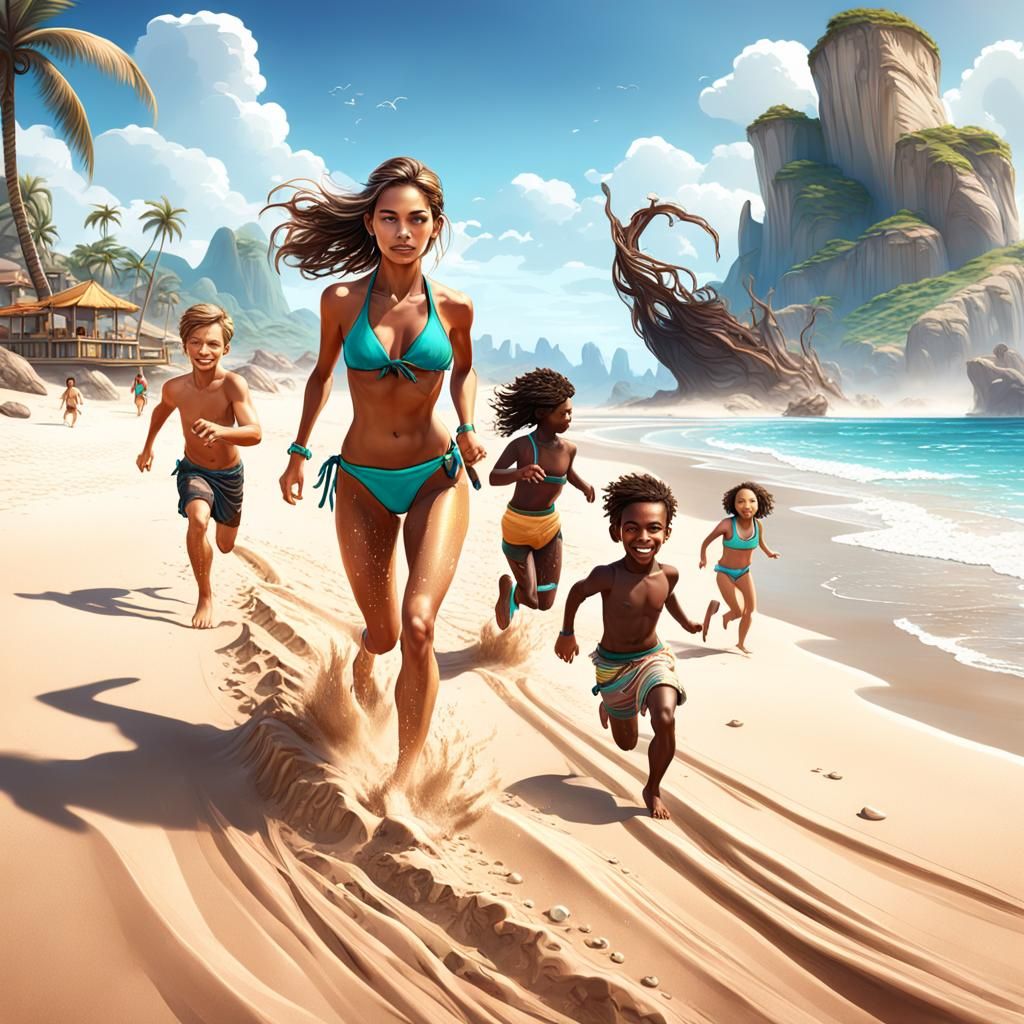 Beach Scene with Family, Detailed Fantasy Art