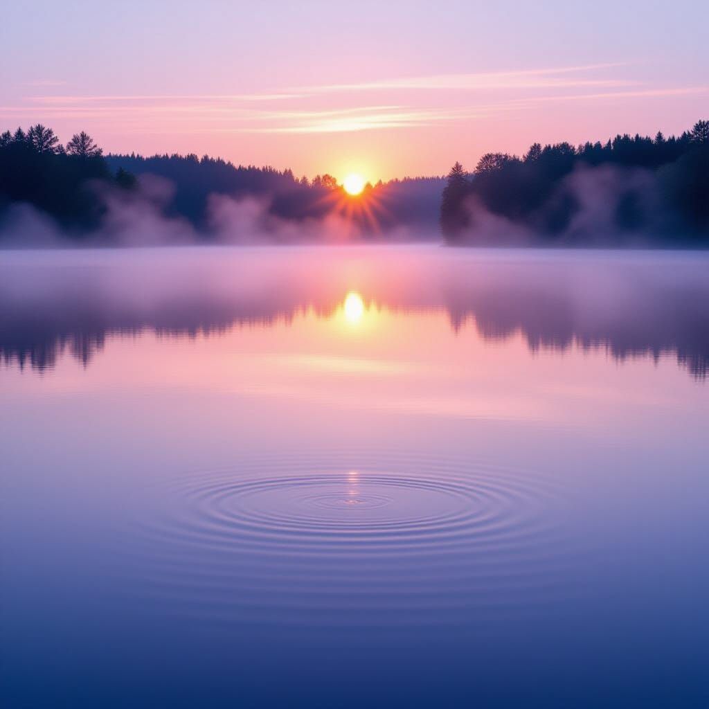 Serene Lake at Dawn with Pastel Sunrise and Fog