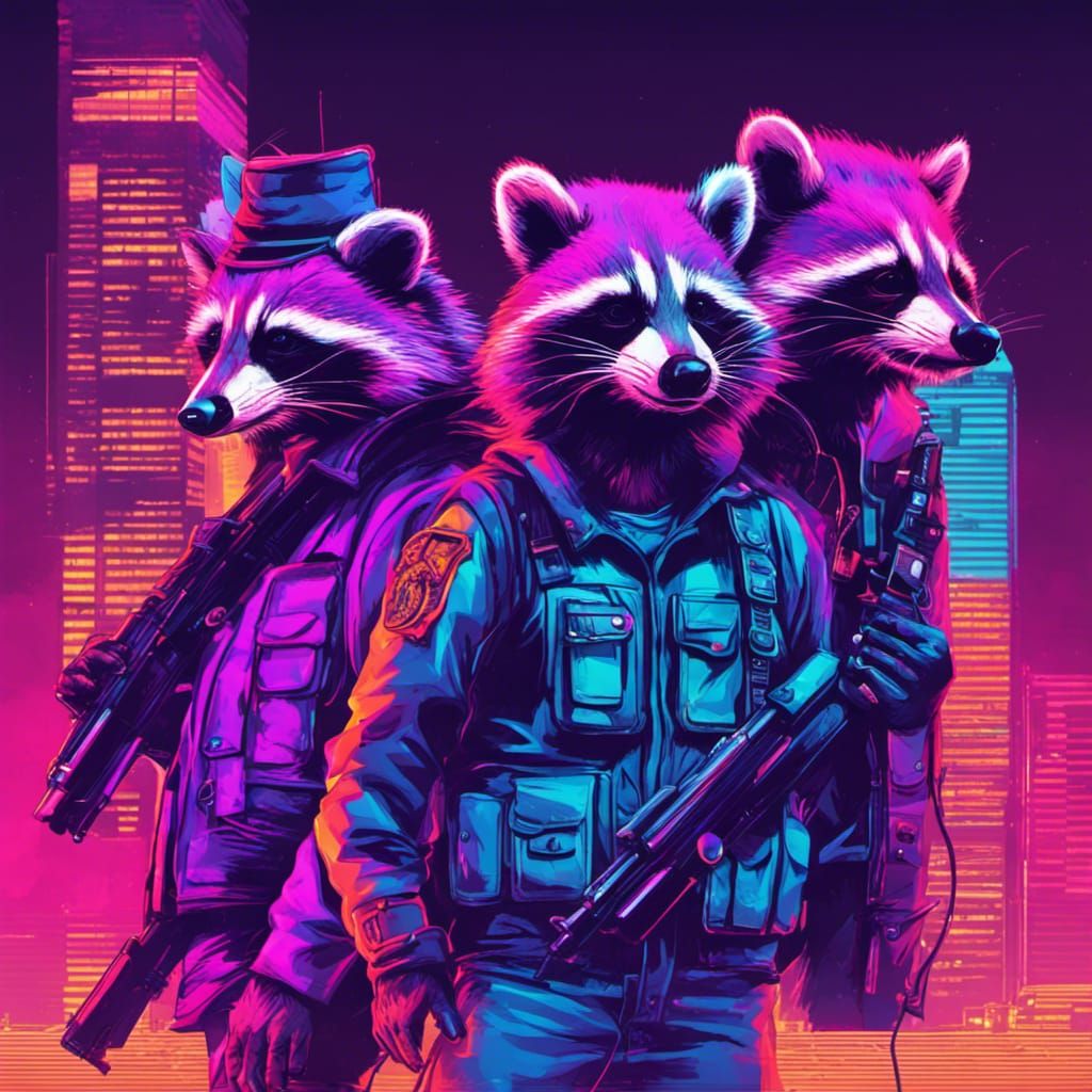 Raccoons Colonizing America in Synthwave Neon Style