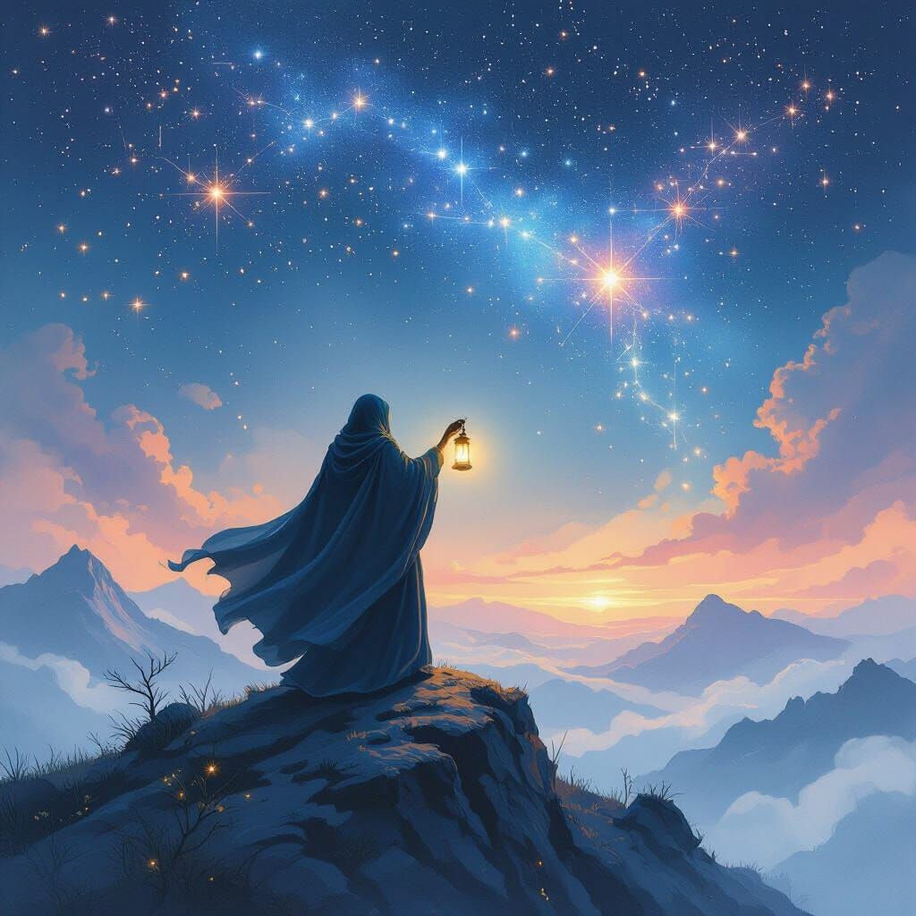 Mystical Hermit Under Starry Sky: Watercolor Fantasy