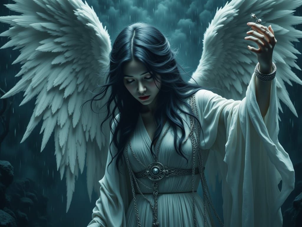 Fallen Angel Bound in Silver Chains Under Dramatic Stormy Sk...