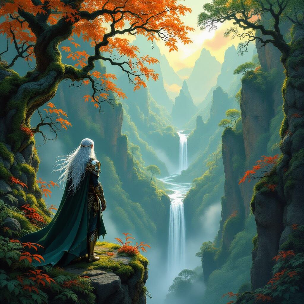 Elf on Cliff Overlooking Enchanted Forest