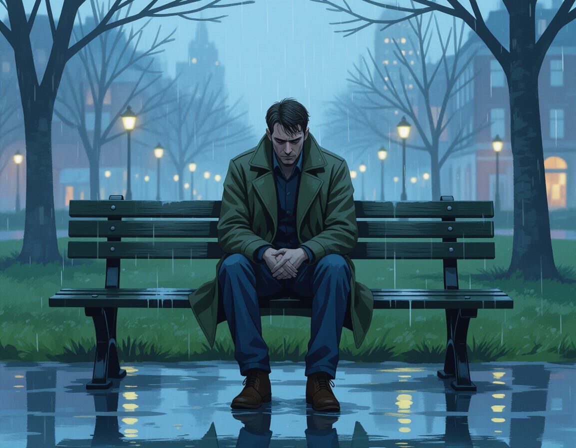 Melancholic Man in Rainy City Twilight: Digital Art