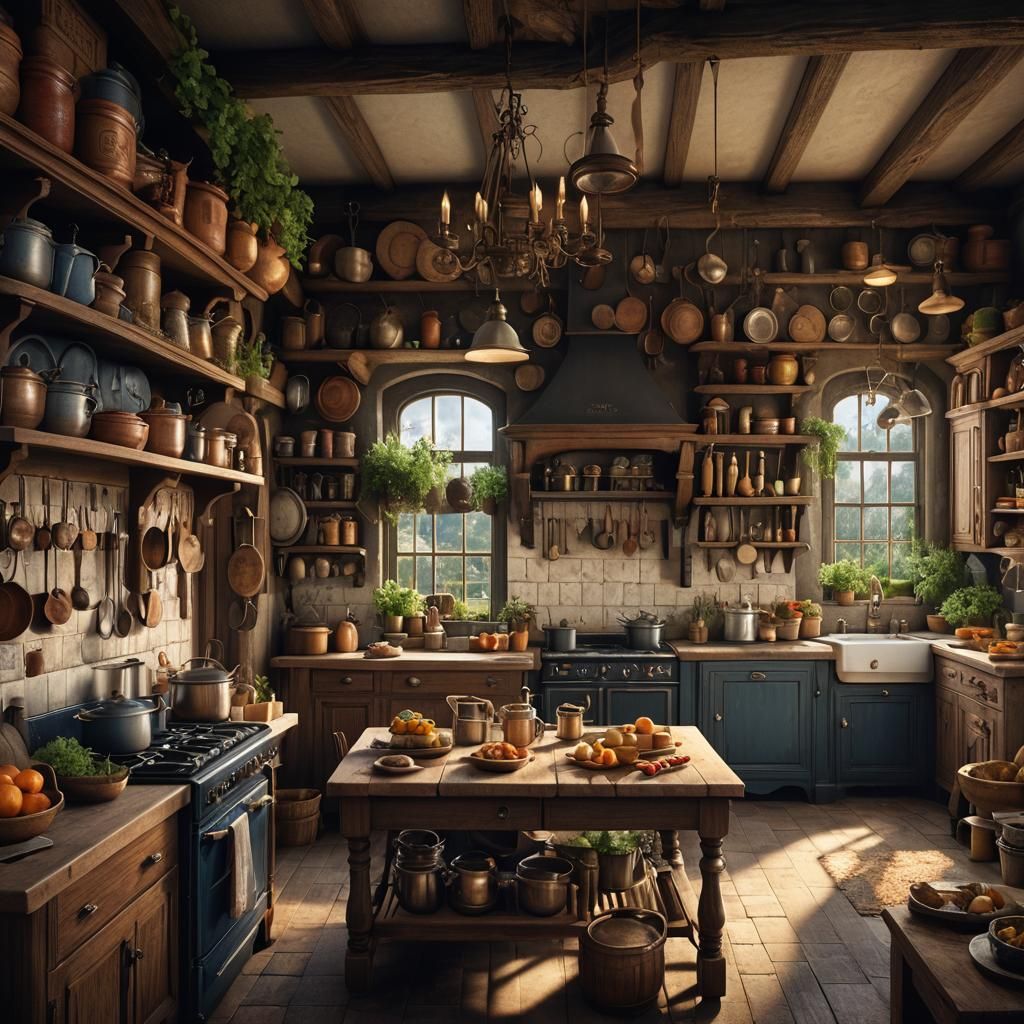 Cozy Old-Fashioned Kitchen in Detailed Matte Painting Style