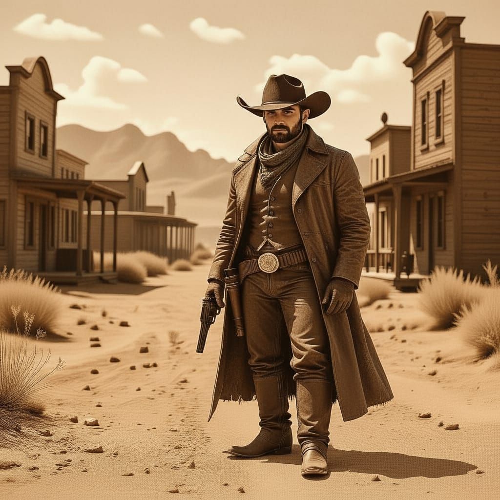 Western Gunslinger in Ghost Town Sepia Tone
