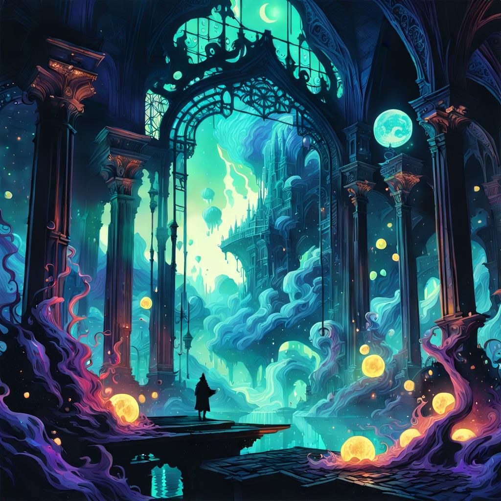 Fantastical Luminous Composition in Gouache Style