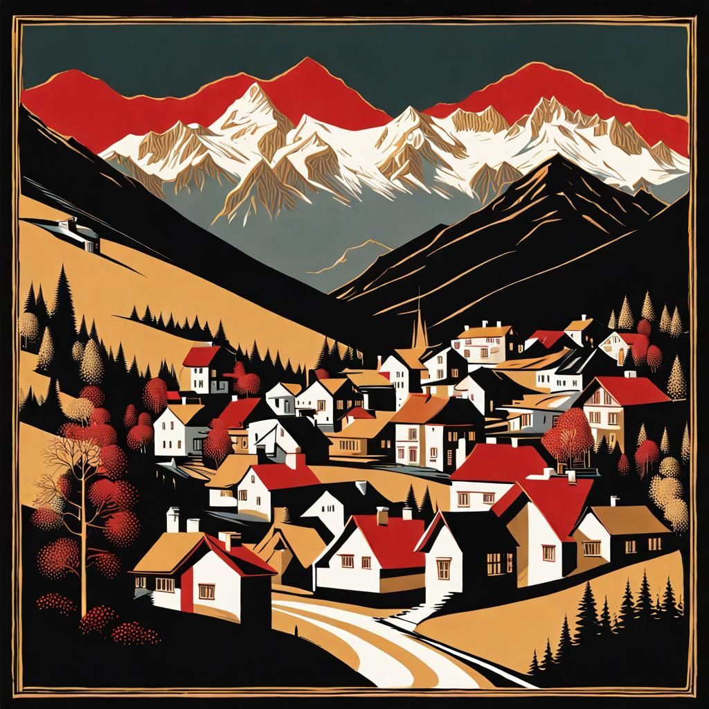 Retro Alpine Village Poster in Black and Gold