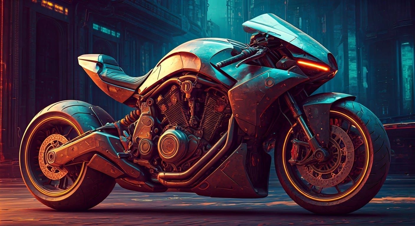 Futuristic Neon Motorcycle in High-Contrast Cityscape