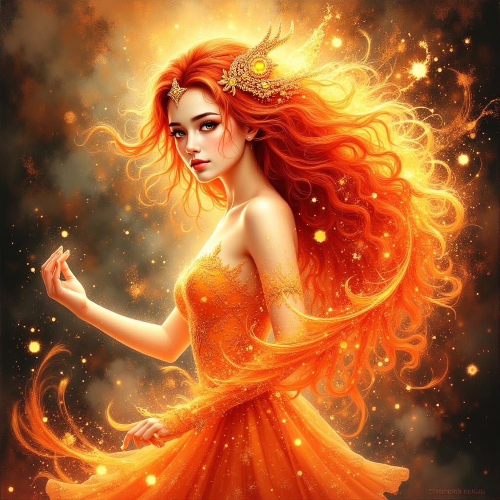 Elegant Dragon Sorceress Casting Fire Spell in Mystical Gard...