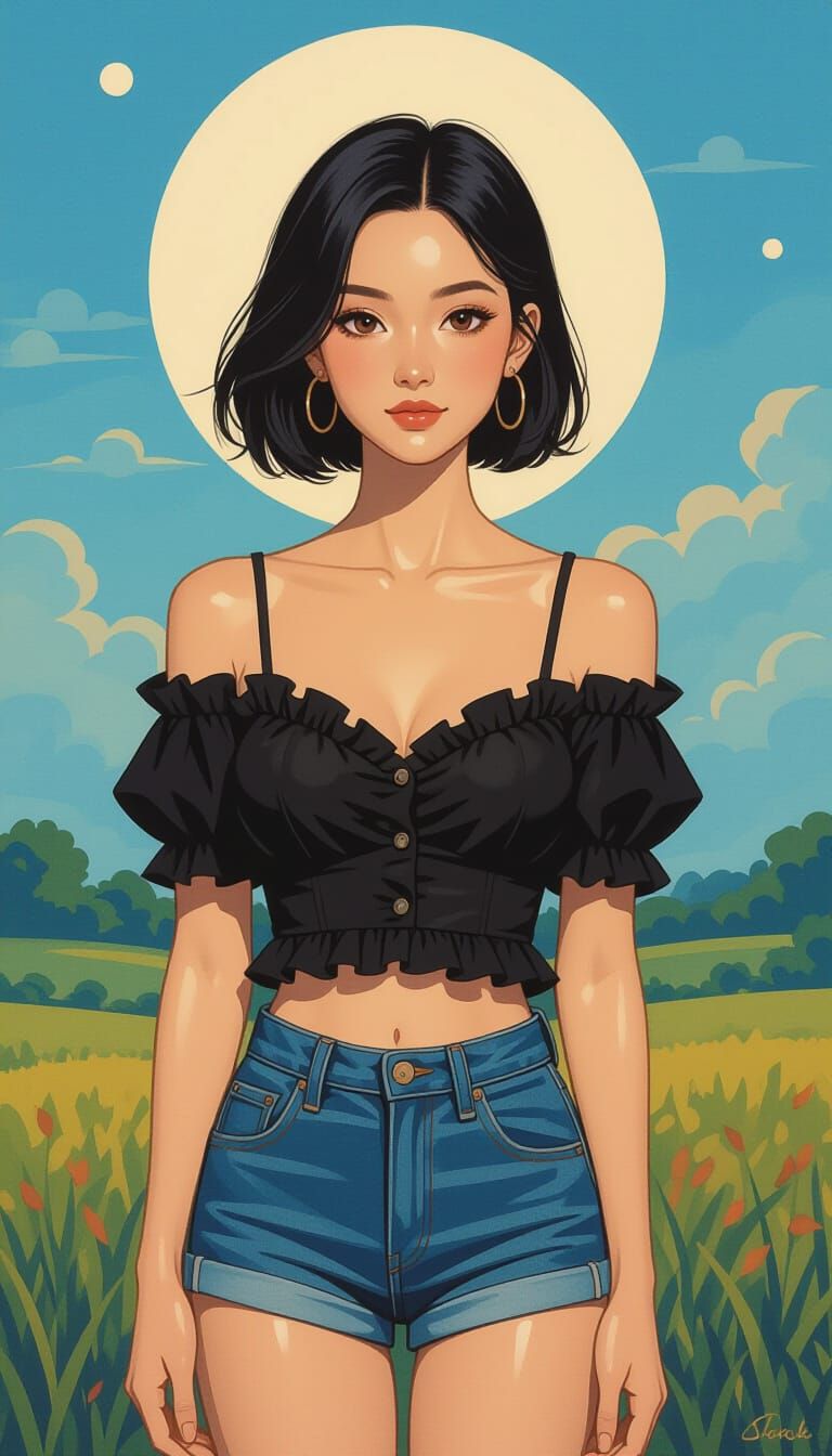 Thai Woman in Serene Landscape, Gouache and Watercolor Style