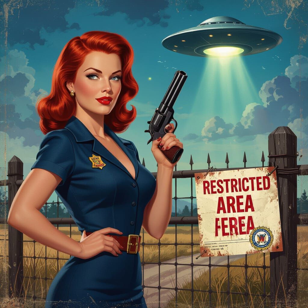 1950s Pin-Up Girl with UFO and FBI Badge